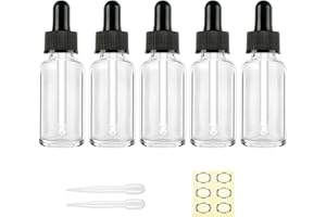 Apstaqeoo 5Pcs 30ML Transparent Glass Dropper Bottles with Pipette, Empty Sample Dropper Bottle Refillable Tincture Bottles with Black Cap, Label, Dropper for Perfume Essential Oils Aromatherapy