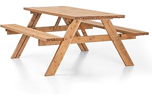 AMATA Table de pique-nique au design classique avec sièges pliables, collection UNGURS – Table de pique-nique en bois résistant aux intempéries pour l'extérieur, parfaite pour le jardin et la terrasse