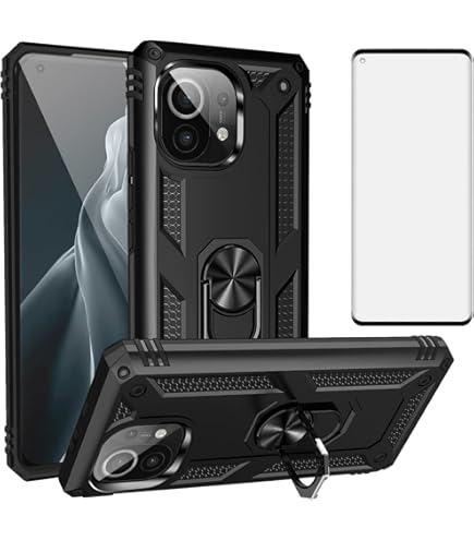 Asuwish Compatible With Xiaomi Mi 11 5G Case And Tempered Glass Screen Protector Cover Slim Magnetic Ring Holder Stand Rugged Cell Accessories Phone Cases For Mi11 G5 Boys Girls Women Men Black