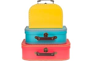 Jewelkeeper - Maletas decorativas de cartón, juego de 3 - Baúl para juguetes para cumpleaños, bodas, Navidad, guarderías, decoración de oficina, vitrinas y fotos - Diseño rojo, turquesa y amarillo