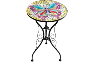 Liffy Outdoor Mosaic Side Table Butterfly Bench Small Patio Round Printed Glass Table for Garden, Yard or Lawn