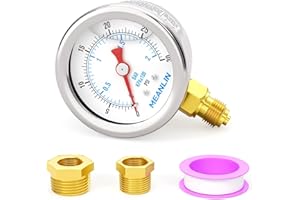 MEANLIN MEASURE 0~2BAR/30PSI Acier inoxydable Manomètre à cadran 1/8"BSP 1.5",rempli de glycérine,liquide,eau,huile,air,montage inférieur,avec douille hexagonale 1/8"x 1/4" BSP et 1/8"x 3/8" BSP
