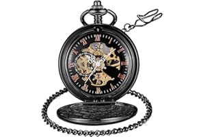 Tiong Montre de poche mécanique en bois de cuivre élégant avec cadran ouvert pour homme avec boîte à chaîne