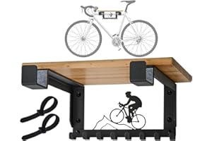 WISNEW Support mural pour vélo avec étagère et 8 crochets - Offre un rangement horizontal pour vélo d'intérieur pour abris de jardin, garages, support de vélo en bois pour vélos de route, montagne, voyage