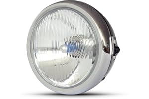 ALCHEMY PARTS Retro Motorcycle Headlight 6.5" 165mm | Gloss Black with Chrome Bezel | Ideal for Triumph Scrambler 900 1200 Mutt Mongrel Akita Sabbath Hilts 125 250 | H4 55W Bulb | Side Mount and Easy Fit