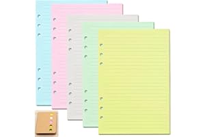 ALGUIRNEX 5 Pack A5 Binder Refill Paper, 100 Sheets Lined Filler Paper with 120 Sticky Notes, 6 Holes Loose Leaf Punched for A5 Notebook Binder Planner School Office, 5 Colours