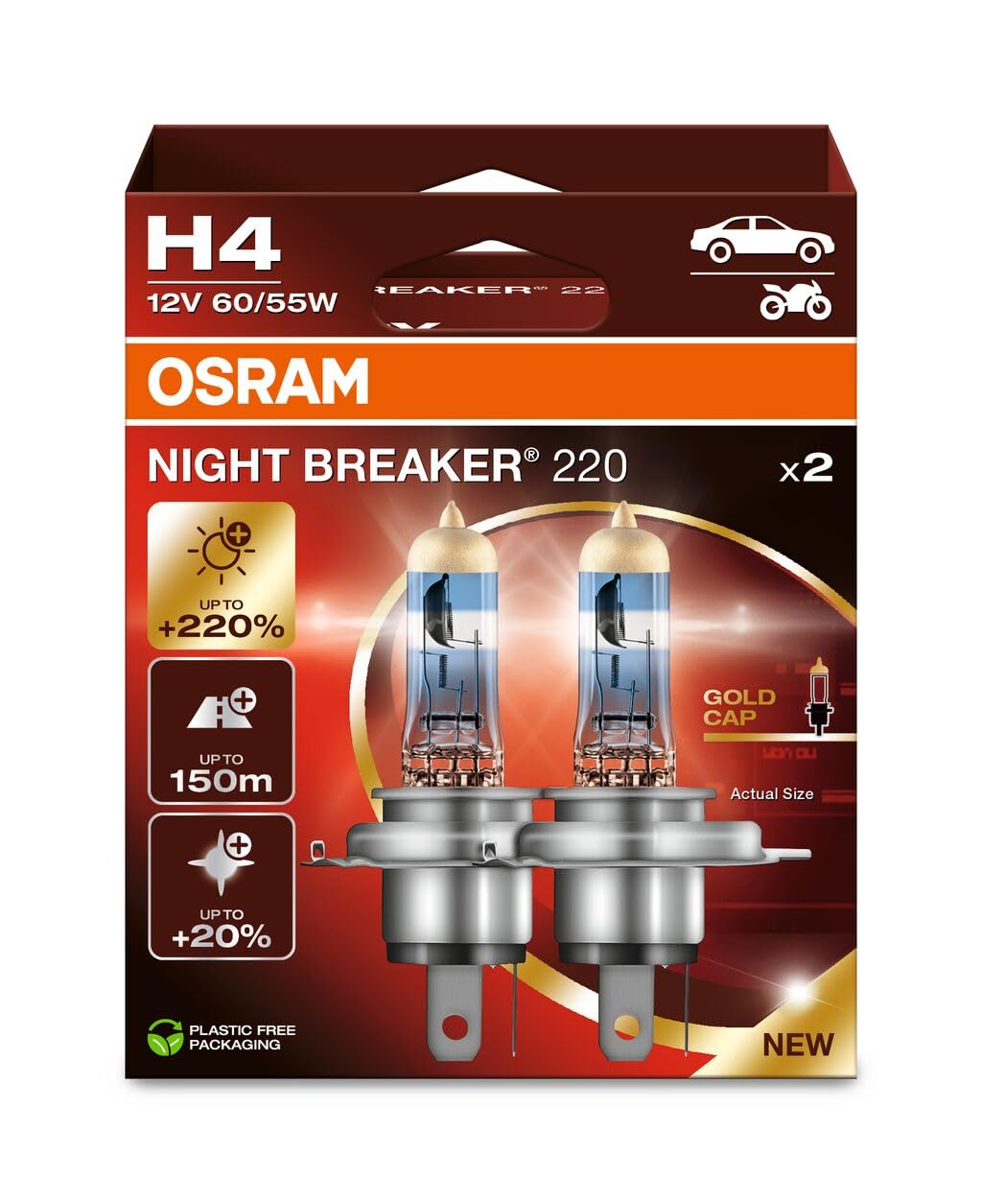 OSRAM NIGHT BREAKER 220, H4, +220% meer helderheid, halogeenkoplamp, 64193NB220-2HB, vouwdoos (2 lampen)