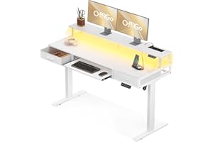 OffiGo Biurko elektryczne z regulacją wysokości, 140 cm, z 2 szufladami, biurko ze stojakiem na monitor i półką na klawiaturę do biura, białe