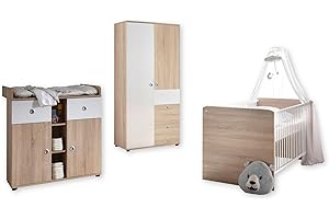 STELLA TRADING WIKI Babyzimmer Komplett-Set in Eiche Sonoma Optik / Weiß - Babyzimmer Möbel-Set 3-teilig bestehend aus Kleiderschrank, Babybett & Wickelkommode