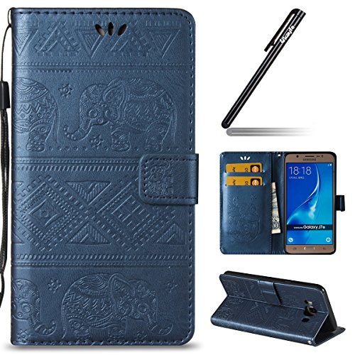 Galaxy J7 2016 Hülle, Ukayfe Lederhülle Leder Tasche Case Cover für Samsung Galaxy J7 2016 Handyhülle im Buchstyle,Prägung Elefant Muster Premium Kunstleder Tasche Flip Wallet Case mit Standfunktion Karteneinschub und Magnetverschluß Etui Schutz Hülle für Samsung Galaxy J7 2016 (Blau)