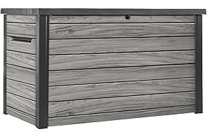 Keter Ontario Boîte de rangement/coffre à coussins 870 l étanche ventilation sans odeur désagréable moisissure aspect bois moderne couvercle avec vérins à gaz