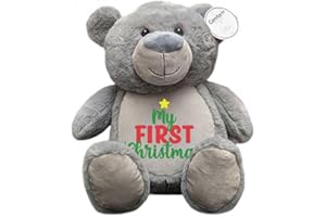 THE LOVELY KEEPSAKE COMPANY "My First Christmas" Grey Teddy Bear | Soft & Cuddly Plush Toy Keepsake for Newborn, Baby Boy & Girl | Ideal 1st Xmas Gift | 30cm when sat
