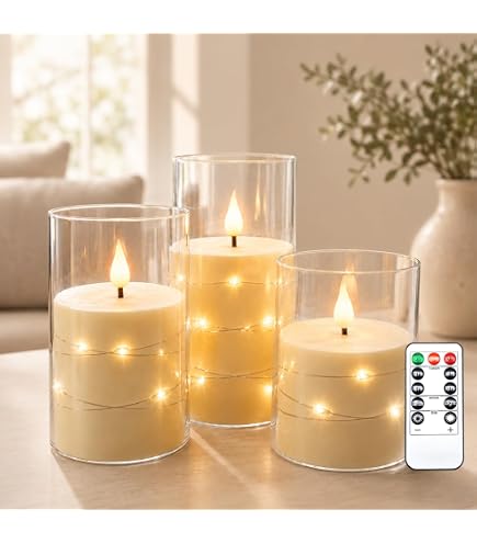 Homemory LED-Stumpenkerzen Mit Lichterkette – Flackernd, Fernbedienbar, 3er-Set (10/12,7/15,2 Cm), Batteriebetrieben, Timer, Warmweiß, Für Deko & Feste Flammenlose Kerzen