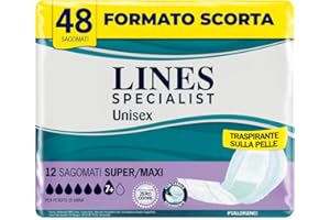Lines Specialist, Pannoloni Sagomati Assorbenti per Incontinenza Donna e Uomo, 100% Traspirante, Zero Odore, Assorbenza Alta, 4 Confezioni da 12 Unità