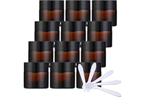 ZEOABSY 12 Piezas Tarros de Vidrio Marrón con Tapa 10ml, Tarro de Cristal Verde Vacíos Redondo, Frasco De Crema Facial Contenedor De Cosméticos para Cremas con 12 Espátula