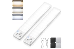 EVXFG Under Cabinet Kitchen Lights Cupboard - LED Motion Sensor 3-Color Rechargeable Strip Light for Wardrobe Indoor USB Wireless Battery Powered Lighting Shelf Counter Closet with Magnetic Stick 2 Pack