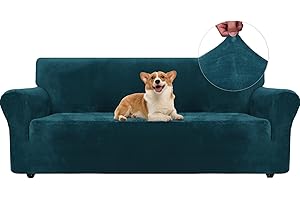 ‎YSTYLE Ystyle Samt Sofabezug 3 Sitzer, Stretch Sofa Überzug, Sofaschoner rutschfest, Elastischer Couch Überzug, Sofa Cover Mit Armlehnen, Couchüberzüge Sofaschutz Katze Couch Überwurf, Dunkel Grün