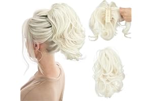 CJL HAIR Claw Clip Short Ponytail Hair Extensions DIY Bendable Metals Messy Bun Hair Piece for Wonen Wavy Curly Synthetic Fake Hairpieces Platinum Blonde