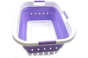 Sammart Panier à linge pliable rectangulaire en plastique avec 3 poignées - Boîte de rangement pliable et rétractable - Cuve de nettoyage portable - Panier peu encombrant (41 L), blanc/ violet