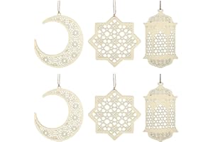 MIANZIPUL NA 6 Pcs/2 Sets Wooden Pendant Ornament Ramadan Kareem Decoration Moon Star Wind Light Shape Lantern Baubles Pendant Ornament for Ramadan Mubarak Eid Decorations DIY Crafts Decorative