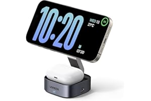 UGREEN MagFlow for MagSafe Charger Qi certified, 2-in-1 Wireless Charger Stand, Magnetic Charging Station, Compatible with iPhone Air/17/16/15/15 Plus/15 Pro/15 Pro Max/14/13/12, AirPods 4/3/2/Pro 3/2