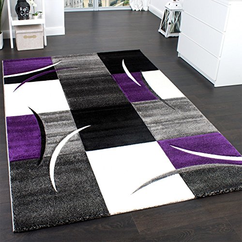 Designer Teppich mit Konturenschnitt Teppich Kariert Lila Schwarz Grau, Grösse:120x170 cm