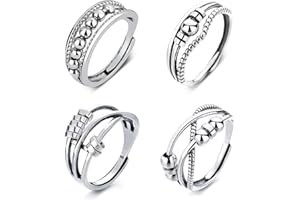 GWAWG 4 x Anxiety Rings for Women, Silver Stress Relief Spinner Ring with Beads, Adjustable Open Fidget Ring for Teen Girls, Plastic, Alloy