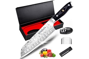MOSFiATA 7" Super Sharp Chef Knife, Professional Cook Kitchen Knife Japanese Santoku Knives German High Carbon Stainless Steel EN1. 4116 with Finger Guard, Knife Sharpener, Micarta Handle and Gift Box