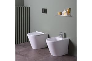 Kiamami Valentina - Coppia Sanitari a Terra Filomuro | Wc + Bidet Serie Blues | Installazione Contro Parete | Ceramica Antibatterica | Soft Close, Bianco, A Terra