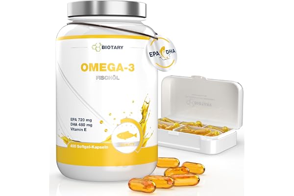 Oméga 3 Huile de poissons | Sauvages 4000 mg | 400 gélules | Pilulier | 720 mg EPA + 480 mg DHA par dose quotidienne | sans additifs | très haute pureté et biodisponibilité