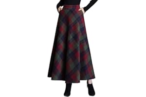 SEMEN Womens Vintage Plaid A-line Long Maxi Skirt Fall Winter Swing Pleated Flared High Elastic Waisted Casual Flowy Skirt with Pockets