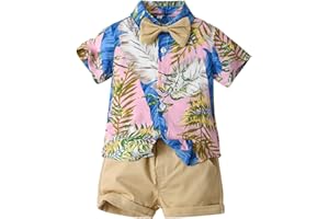 OLIPHEE Jungen Gentleman Anzüge Kinder Kurzarm Hawaii Hemd T-Shirts + Kurze Hose mit Tasche Freizeit Suit Strand Urlaub Sommer Set