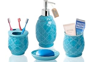 Comfify Bathroom Designer 4-Piece Ceramic Bath Accessory Set - Includes Liquid Soap or Lotion Dispenser w/Toothbrush Holder, Tumbler, Soap Dish - Moroccan Trellis - Bath Accessories Set - Holds 461ml