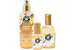 Les Petits Plaisirs – Trio Monoï Coco - Eau de toilette 110ml + Eau de toilette 30ml + Brume parfumée pailletée 200ml, Parfum femme solaire et gourmand, Coffret cadeau femme, Made in France