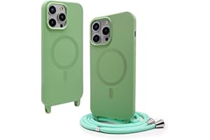 BGHHEU Mobile Phone Chain Case Compatible with iPhone 16 Pro with Strap, Mobile Phone Case Compatible with MagSafe, Removable Cord for Hanging, Silicone Case, Magnetic Mobile Phone Case, Matcha Green