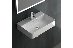 ‎ALPENBERGER GERMANY Alpenberger Waschbecken 60 cm Breit - Weiß | Waschtisch als Hängewaschbecken oder Aufsatzwaschtisch | Aufsatzwaschbecken Eckig mit Nano | Moderne Waschplätze | Handwaschbecken fürs Bad & Gäste WC