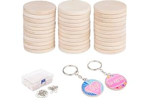 ilauke llavero Madera, 100 Piezas de Rebanadas de Madera Natural, Discos de Registro Preperforados Sin Terminar, Círculos de Madera con 100 llaveros para Manualidades, Decoraciones de Navidad Y Boda