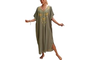 L-Peach Vestido Bordado Largo Kaftan Pareo de Algodón Bikini Cover Up para Mujer