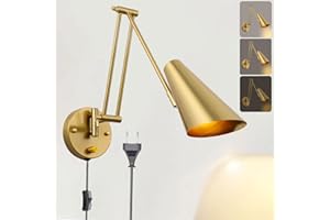 SENFAY Aplique pared interior vintage con enchufe, Apliques pared dormitorio con regulable Interruptor, lampara pared de brazo largo ajustable, E27 lampara de pared Dorado para Dormitorio Salón Pasillo