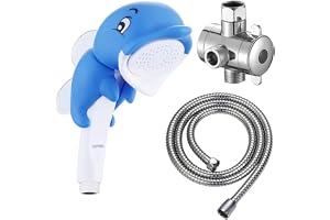 KAIYING Pommeau de douche à main pour enfants en forme de dauphin pour tout-petits, accessoire de douche pour bébé, accessoires de bain, pommeau de douche pour enfants avec support, tuyau et valve de