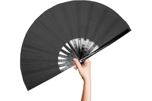 OMyTea Bambus großer Rave faltbarer Handfächer für Männer und Frauen, Chinesischer japanischer Kung Fu Tai Chi mit Stofftasche, Auftritte, Dekorationen, Tanzen, Festival, Geschenk (schwarz)