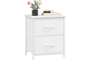Somdot White Bedside Table, Bedroom Bedside Cabinet with 2 Fabric Drawers, Nightstand Side Table for Kids Living Room Dorm, White Leather