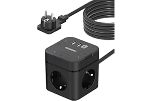 SUDEERY Listwa zasilająca 6 w 1 z gniazdem USB C, 3-krotne gniazdko Cube, płaska wtyczka z pojedynczymi przełączanymi, z kablem 4 m, do biura, domu, podróży (czarna)