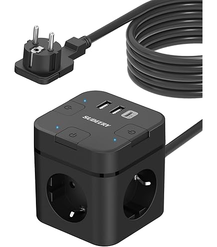 10-voudige stekkerdoos, 3 m, met USB C, meervoudig stopcontact, platte stekker met schakelaar, verdelerstopcontact, overspanningsbeveiliging, stekkerdoos, wandmontage, voor thuis en kantoor, zwart
