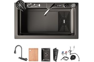 ATHOMASM Kitchen Sink, 1 Basin, Black, Stainless Steel Built-in Sink, 85 x 45 cm, with Waterfall Design, Temperature Display, Knife Slide and Draining Basket