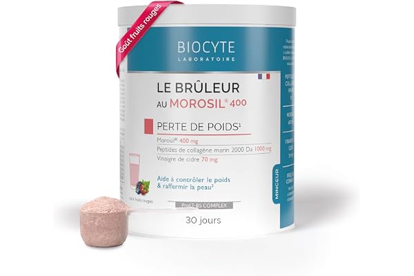 BIOCYTE Morosil® 400 mg - Collagène Marin Peptan®, Vinaigre de Cidre - Energie, Fermeté De La Peau - Goût Fruits Rouges - Programme de 30 jours