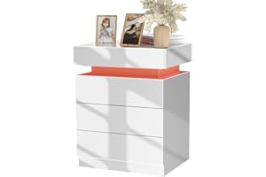 PIPIPOXER Nachttisch mit LED Beleuchtung, Beistelltisch in weiß mit großen Stauraum,Nachttische aus Holz mit 3 Schubladen Nachtschrank für Wohnzimmer,Schlafzimmer Bett Weiß 45x35x61cm