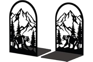Peacoblue Metal Bookend Stopper Holder Stand for Shelves Decorative, 13.5x11x20 Modern Creative Heavy Duty Study Book End for Desk Shelf, 1 Pair (Mountain and Forest with Bear)