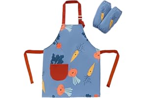 SUNNEKO delantal niño,delantal niña cocina 8 a 12 años delantal y gorro para niños Impermeable Infantil con Bolsillos para Niños Niñas Ajustable de Artista Chef Cocina Hornear Pintura Artesanía