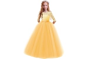 IBTOM CASTLE Fille Robe de Mariage Longue Robe de Demoiselle d'Honneur Multi-couches Tutu Princesse en Dentelle Florale Costume Habillée de Cérémonie Baptême Fête Anniversaire Soirée Cocktail pour Enfants 3-12 Ans